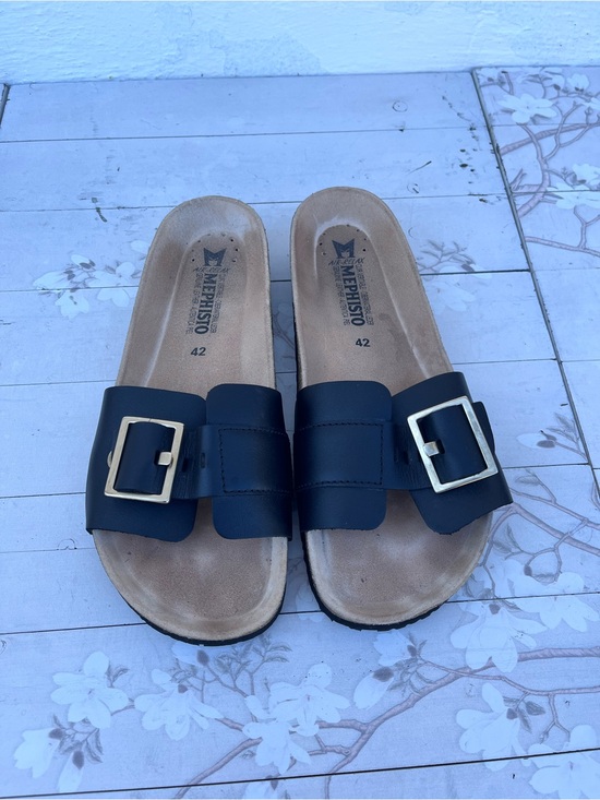 Mephisto Shoes - Mephisto Black Slide Sandals with Gold Buckles